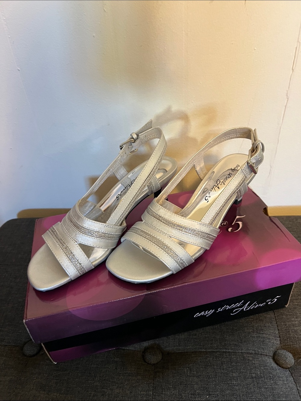 easy street  Dance flex sole Silver Strappy Slingback Heels